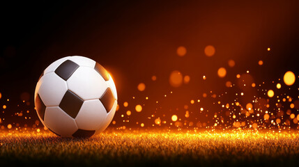 Fototapeta premium Soccer ball grass stadium sunset glowing dramatic empty evening