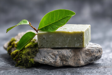 natural soap bar with fresh green leaf on mossy stone, minimal background, 