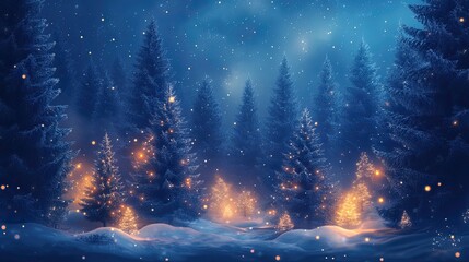 Magical forest with Christmas trees and glowing lights, perfect for creating a winter wonderland theme in holiday cards, event promotions, and winter celebrations.