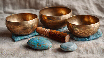 Three Golden Singing Bowls With Mallet and Stones on Linen, Representing Wellness and Alternative Therapy, Ideal for Meditation and Spiritual Practice