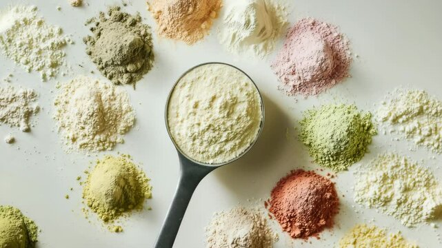 A protein powder scoop filled with finely textured whey protein powder in different flavors. Surrounding the scoop are small piles of various protein powder flavors. Nutritional and Fitness	
