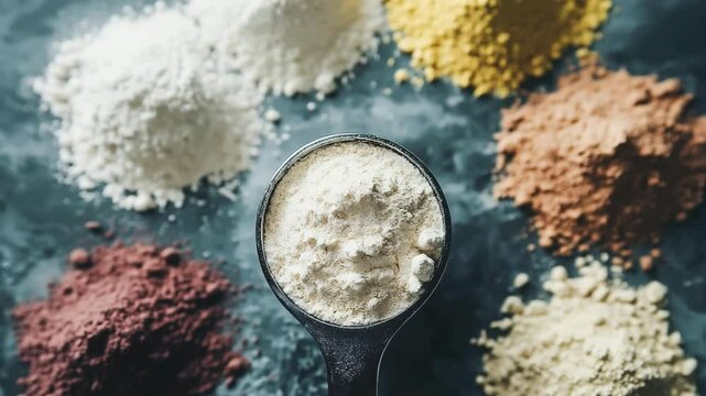 A protein powder scoop filled with finely textured whey protein powder in different flavors. Surrounding the scoop are small piles of various protein powder flavors. Nutritional and Fitness	