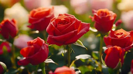 Red roses blooming, garden, sunlight, blurred background, floral design