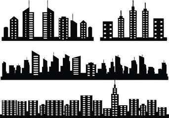 Vector Illustration of Black City Skyline Silhouettes,black and white skyline silhouette of modern city skyscrapers, realistic urban cityscape, Night town skylineicons, Set of black city silhouette,Ai