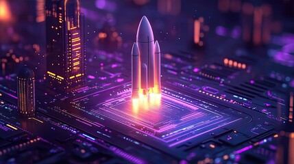 Launching space rocket from laptop screen, Generative AI art. A creative depiction of technology and innovation, perfect for tech and space-related designs or promotions.