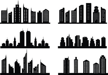 Vector Illustration of Black City Skyline Silhouettes,black and white skyline silhouette of modern city skyscrapers, realistic urban cityscape, Night town skylineicons, Set of black city silhouette,Ai