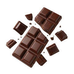 Fototapeta premium Pieces of dark chocolate bar isolated on transparent background