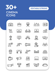 Collection of cinema-themed line icons, showcasing various aspects of the industry.