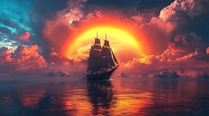 Landscape with Rainbow and Ship, AI-Generated Imagery Representing Adventure, Exploration, and the Creative Potential of Artificial Intelligence