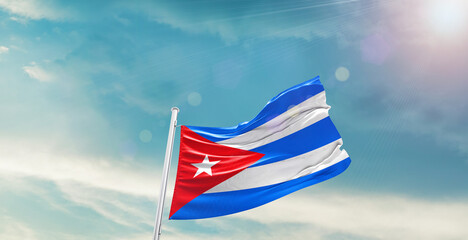 Cuba national flag waving with beautiful sky. 