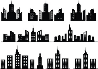 Fototapeta premium Vector Illustration of Black City Skyline Silhouettes,black and white skyline silhouette of modern city skyscrapers, realistic urban cityscape, Night town skylineicons, Set of black city silhouette,Ai