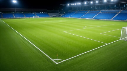 Obraz premium Aerial night soccer pitch stadium empty illuminated green field modern