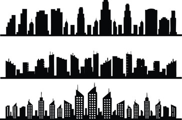 Obraz premium Vector Illustration of Black City Skyline Silhouettes,black and white skyline silhouette of modern city skyscrapers, realistic urban cityscape, Night town skylineicons, Set of black city silhouette,Ai