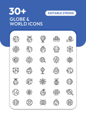 Collection of editable line art icons featuring various globe and world designs.