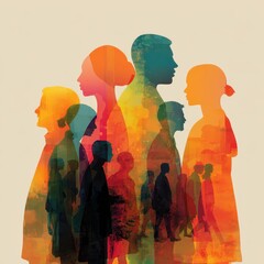 Vibrant silhouettes of diverse individuals urban setting digital artwork multicolored environment aesthetic perspective