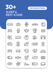 Collection of minimalist line art icons related to sleep and rest activities.