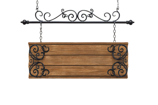 Ornate wooden sign hanging from metal bracket