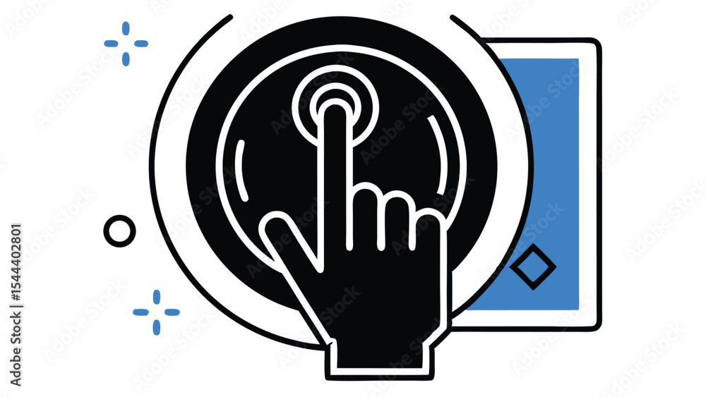 Poster hand touching a round interface next to a blue screen with a diamond shape on a white background