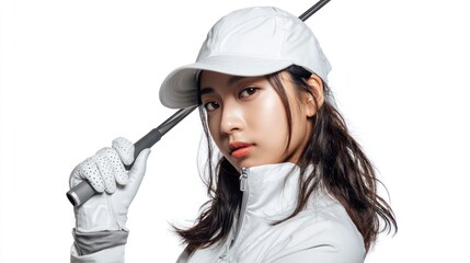 Skilled Young Golfer in Stylish White Outfit Posing Confidently with Golf Club Against a Clean White Background, Ready to Play the Game