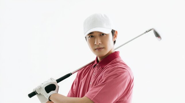 Young Asian male golfer in casual attire holding a golf club with confidence against bright white background showcasing passion for the sport