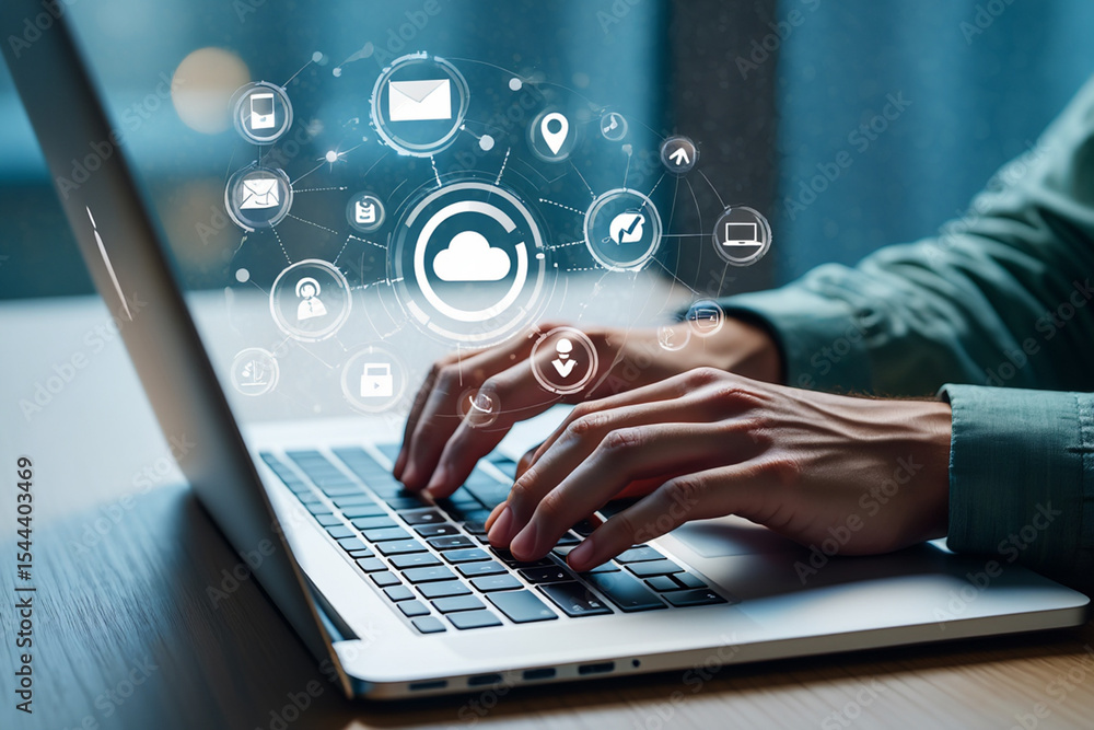Aufkleber person using laptop with cloud computing and digital technology icons
