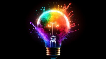 Rainbow lightbulb splash, dark background, idea concept