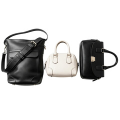 Naklejka premium Three handbags in black and white leather isolated on transparent background