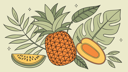 Illustration showing a pineapple, slice of melon, half of a peach and tropical leaves on a light background