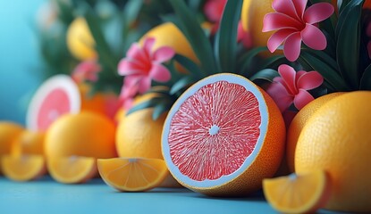 Oranges and Grapefruit with Pink Flowers on Blue Background