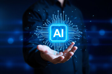 Person Presenting AI Technology Hologram Futuristic Innovation