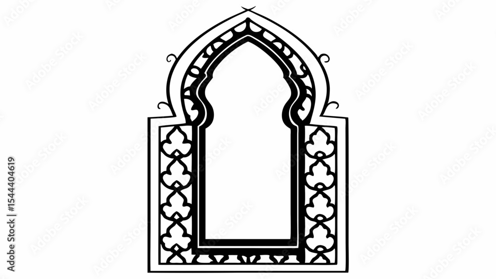 Poster detailed black and white illustration of an ornate arched window frame design element with decorativ