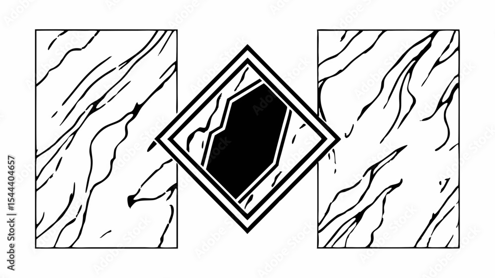 Poster abstract design featuring two textured rectangles flanking a diamond shape with a black center creat