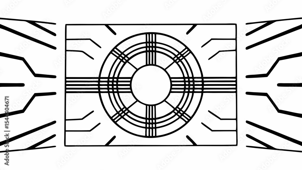 Poster abstract design featuring a central circle with intersecting lines and geometric shapes on the sides