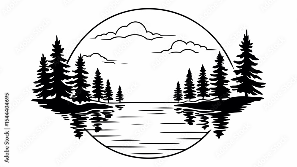 Poster black and white vector illustration of a lake scene with trees and clouds in an oval frame created w