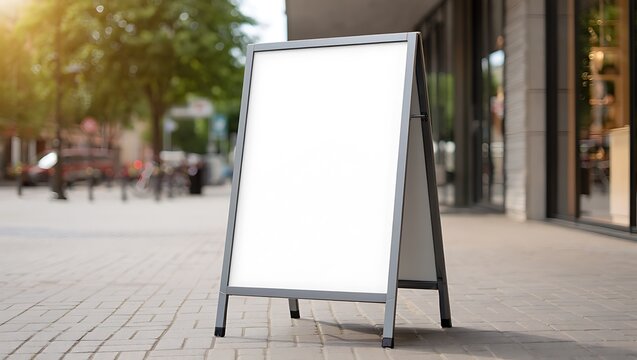 Blank sandwich board sign stands on city sidewalk near shops