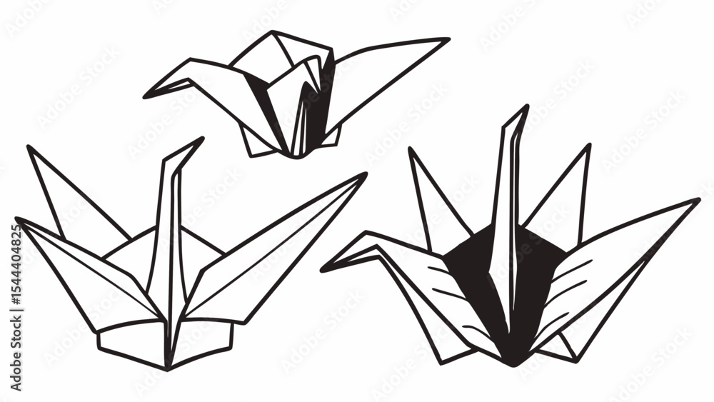 Aufkleber three origami cranes in black and white with different angles and orientations displayed clearly her