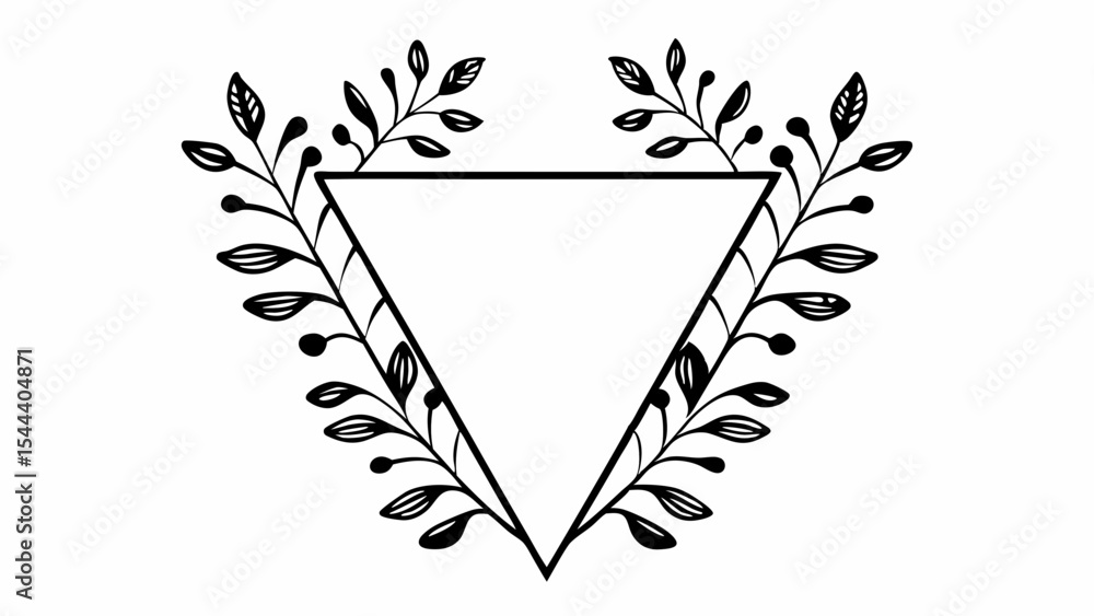 Poster triangle frame with floral elements and leaves design in black and white vector illustration style a