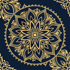 Detailed gold mandala design on dark navy blue background