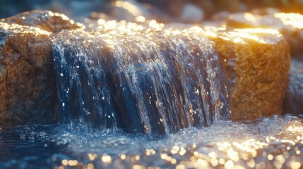 Cascading Water Flows Over Rocks In Sunlight with Glistening Highlights Scenery