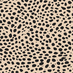 Leopard skin seamless pattern with natural, swirling animal black spots, on a light beige background. Animal classic fur illustration. Cheetah leather endless print design.