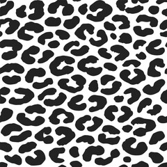 Leopard skin seamless pattern with natural, swirling animal black spots, on a  white background. Animal classic fur illustration. Cheetah leather endless print design.