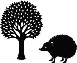 Silhouette of a hedgehog standing near a tree in black and white