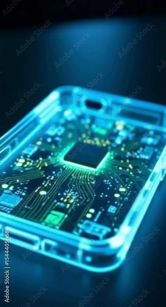 Poster futuristic phone case with glowing circuit board and microchip design