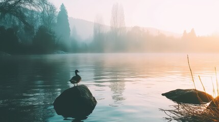 Solitary Duck on Misty Lake
