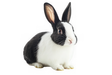 Adorable dutch rabbit portrait, cute bunny with black and white markings, pet animal photography, stock image, isolated on transparent background