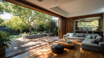 Fototapeta premium Large sliding doors open to reveal modern living room