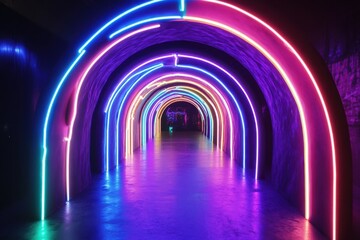 Obraz premium A neon tunnel with a rainbow of colors. The tunnel is lit up and he is a part of a larger display. Futuristic neon archway adorned with intricate colorful lighting and stunning effects.