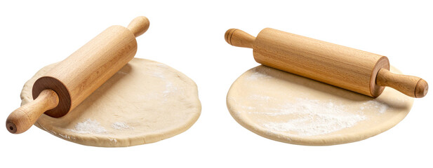 Raw Dough Flattened with Wooden Rolling Pin, isolated on white background PNG