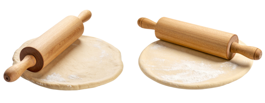Raw Dough Flattened with Wooden Rolling Pin, isolated on white background PNG