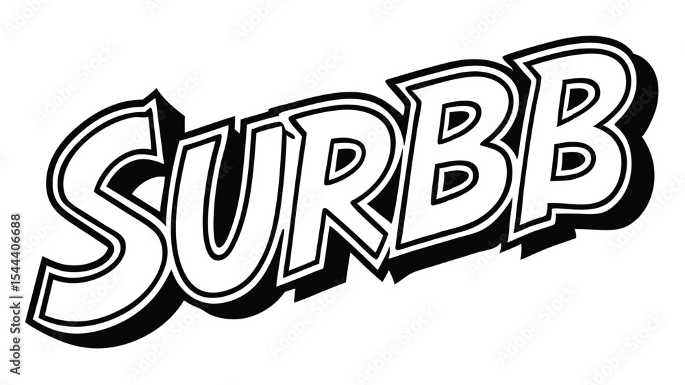 Poster illustration of the word surbb in a stylized font with a black outline and drop shadow effect